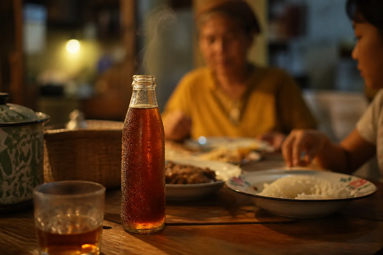 Botol teh dingin di meja makan rumah Indonesia saat senja